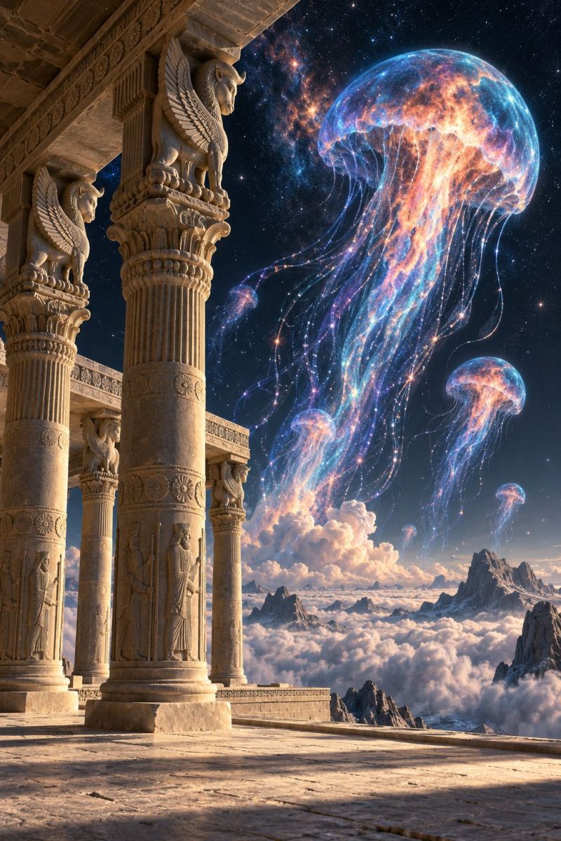 Architecture batiment nuage nuages colonne fantaisie fictif fleur fleurs scène surréaliste combinant des éléments d'architecture ancienne et des créatures fantastiques. Au premier plan, il y a plusieurs grandes colonnes de pierre finement sculptées avec des reliefs détaillés représentant des créatures mythiques, peut-être des griffons ou des lions. Les colonnes font partie d'une grande structure, peut-être un temple ou un palais, avec un haut plafond et une vue sur le ciel. En arrière-plan, il y a un ciel de nuit dramatique rempli d'étoiles et de nébuleuses, créant un fond cosmique. Flottant dans le ciel, il y a plusieurs grandes méduses lumineuses avec de longues tentacules fluides. Les méduses sont translucides, avec des couleurs vibrantes de bleu, violet et orange, et elles semblent flotter gracieusement contre le fond étoilé. La scène se déroule dans un paysage montagneux avec des nuages, ajoutant à l'atmosphère éthérée et irréelle.