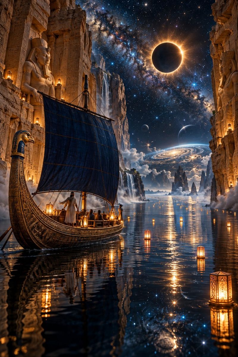 Boat water night lamp sky lamps reflection people ancient egypt egyptian architecture civilization culture history mythology religion In the center of the image, a boat with a blue sail and golden decorations is sailing on a calm body of water. The boat has a dragon head at the front and is carrying several people, some of whom are standing and holding lanterns. The boat is surrounded by floating lanterns, and the water reflects the lights from the lanterns and the stars in the sky. On the left side of the image, there is a large stone structure with a statue of a pharaoh and hieroglyphics. On the right side, there is a waterfall flowing down a rocky cliff. The sky is filled with stars, and there is a large black circle in the sky, possibly a planet or a moon.