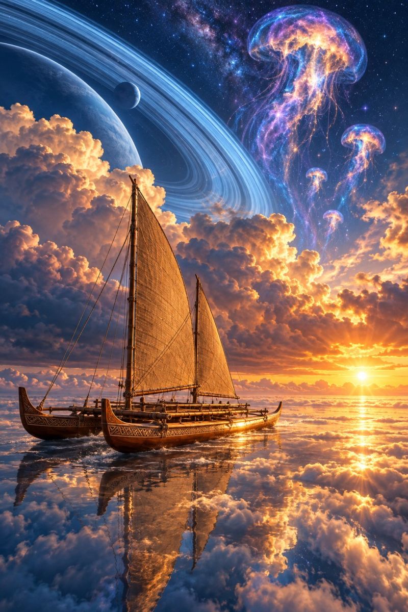 Boat canoe cloud clouds cosmos dream dreams fantasy fiction galaxy imagination journey magic ocean planet reflection sail space A double-hulled sailboat floats on a sea of clouds, with its reflection mirrored below. The sails are set, and the boat appears to be sailing towards a setting sun. The sky is filled with vibrant colors of orange and pink, and there are large, glowing jellyfish floating in the sky. In the background, there is a large planet with rings, and a smaller moon is visible. The clouds are illuminated by the sun's rays, creating a beautiful and surreal scene.