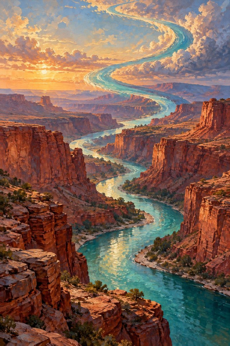 Riviere canyon montagnes eau ciel coucher soleil nature rochers arbres collines vallee nuages reflet paysage époustouflant avec une rivière sinueuse qui traverse un profond canyon. La rivière est d'une couleur turquoise éclatante, reflétant la lumière du soleil qui projette une lueur chaude sur les falaises environnantes. Les parois du canyon sont composées de formations rocheuses abruptes de couleur brun rougeâtre, aux bords abrupts et irréguliers qui s'élèvent de façon spectaculaire de part et d'autre de la rivière. Le ciel au-dessus est un mélange de teintes pastel douces, passant d'un jaune doré près de l'horizon à un bleu plus profond à mesure qu'il s'élève, avec des nuages épars qui ajoutent de la texture et de la profondeur. La scène générale est sereine et majestueuse, capturant la beauté de la nature dans un moment à couper le souffle.