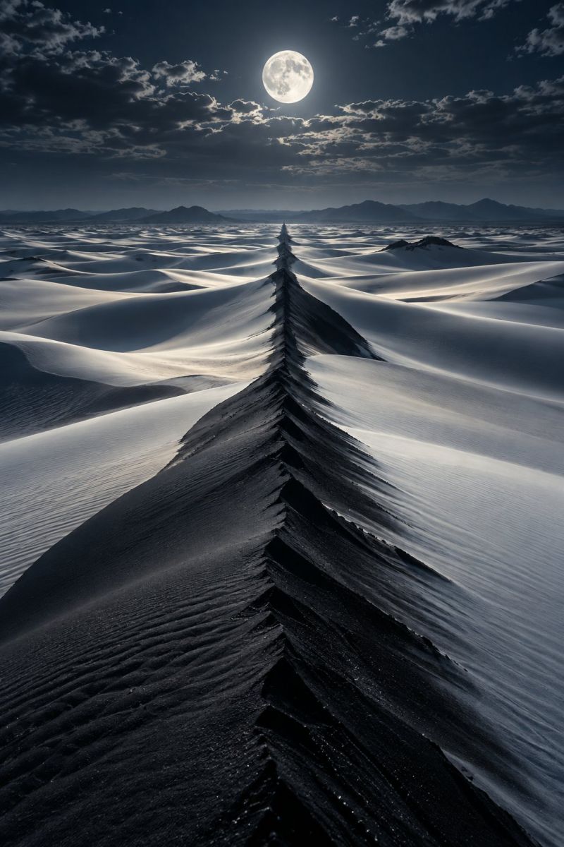 Desert lune nuit sable ciel coucher soleil nuages horizon montagnes vagues eau reflet ombre texture beaute nature Au premier plan, une vaste étendue de dunes de sable s'étend, dont la surface est ornée de motifs complexes. Les dunes sont illuminées par une pleine lune brillante positionnée haut dans le ciel, projetant une lueur argentée sur le paysage. Le ciel est d'un bleu profond, parsemé de nuages épars qui reflètent le clair de lune. Au loin, une ligne de montagnes forme une silhouette à l'horizon, ajoutant de la profondeur à la scène. L'atmosphère générale est sereine et tranquille, le clair de lune créant un contraste saisissant entre la lumière et l'ombre.