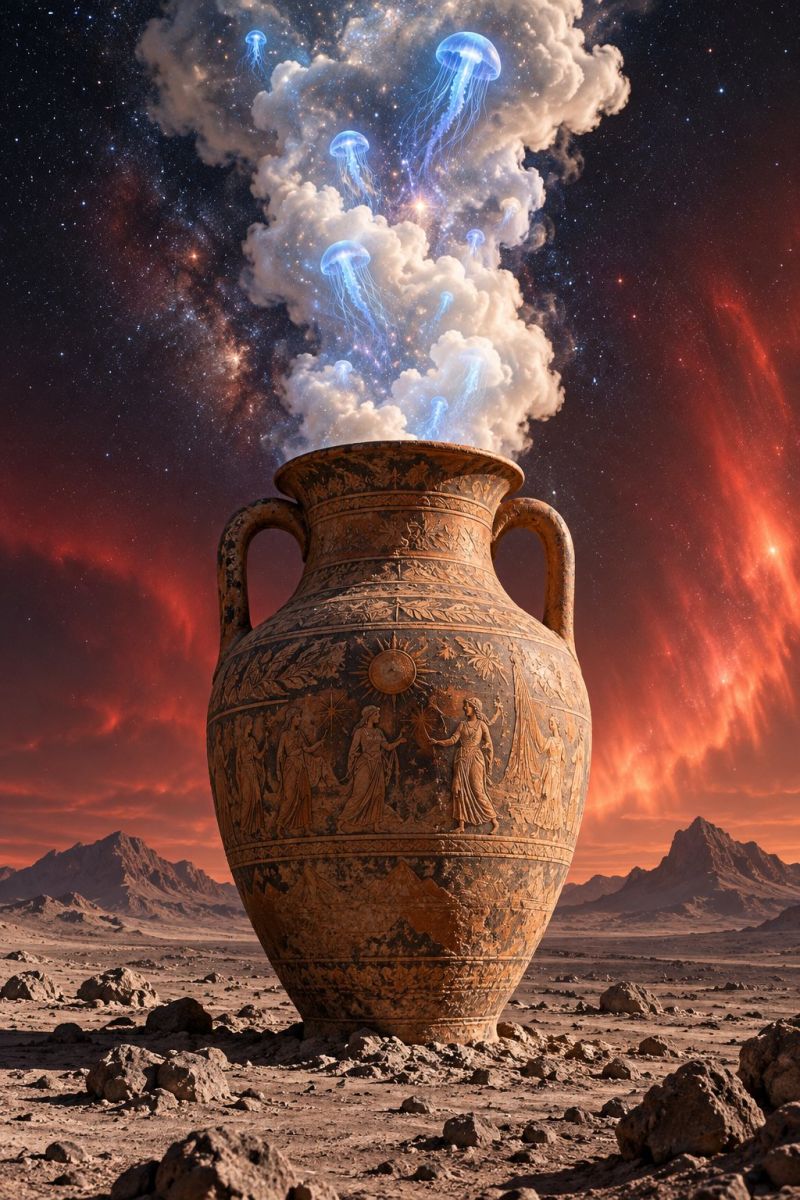 Ancien astronomie nuages cosmos desert terre fantastique fiction galaxie imagination montagne espace Dans un paysage désertique, une grande urne ancienne trône bien en vue. Sa surface est ornée de sculptures complexes représentant des personnages et des symboles. Au-dessus de l'urne, un nuage de méduses rougeoyantes flotte, leurs corps translucides émettant une douce lumière bleue sur fond de ciel nocturne spectaculaire. Le ciel est d'un rouge profond, avec des stries d'orange et des notes d'étoiles éparpillées, créant une atmosphère surréaliste et surnaturelle. Au loin, des silhouettes de montagnes ajoutent à l'immensité et au mystère de la scène.