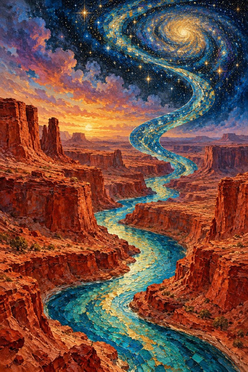 Riviere ciel etoiles nuit galaxie montagnes rochers eau coucher soleil nuages desert nature espace univers imagination La peinture représente un paysage surréaliste avec une rivière sinueuse traversant un vaste désert. La rivière est représentée avec une texture semblable à une mosaïque, avec des nuances de bleu et de vert. Le ciel au-dessus est d'un bleu profond, passant à une chaude teinte orange et rose à l'approche de l'horizon. Dans le ciel, une grande galaxie spirale composée d'étoiles et de poussière cosmique ajoute un élément fantastique à la scène. Le désert regorge de falaises et de formations rocheuses accidentées, peintes dans des tons de rouge et de brun. L'atmosphère générale est un mélange de beauté naturelle et de merveilles cosmiques, créant une atmosphère onirique.