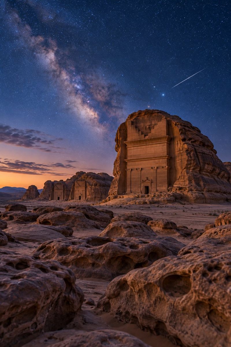 Desert rocher ciel nuit etoile architecture batiment ancien ruines structure temple tombe monument civilisation histoire culture ingenierie Au premier plan, de gros rochers escarpés sont éparpillés dans un paysage désertique sablonneux. Les roches sont de formes et de tailles variées, certaines présentant des trous et des indentations. Le sable est brun clair et recouvre le sol entre les rochers. Au milieu, il y a une grande structure ancienne sculptée dans une formation rocheuse. La structure a une forme rectangulaire avec un toit plat et une porte au centre. La structure est en pierre et présente un aspect patiné. En arrière-plan, il y a un magnifique ciel nocturne rempli d'étoiles. La galaxie de la Voie lactée est visible et s'étend dans le ciel avec une bande d'étoiles brillantes et brillantes. Il y a aussi une comète qui traverse le ciel, laissant une traînée de lumière derrière elle. Le ciel est d'un bleu profond et les étoiles brillent de mille feux.