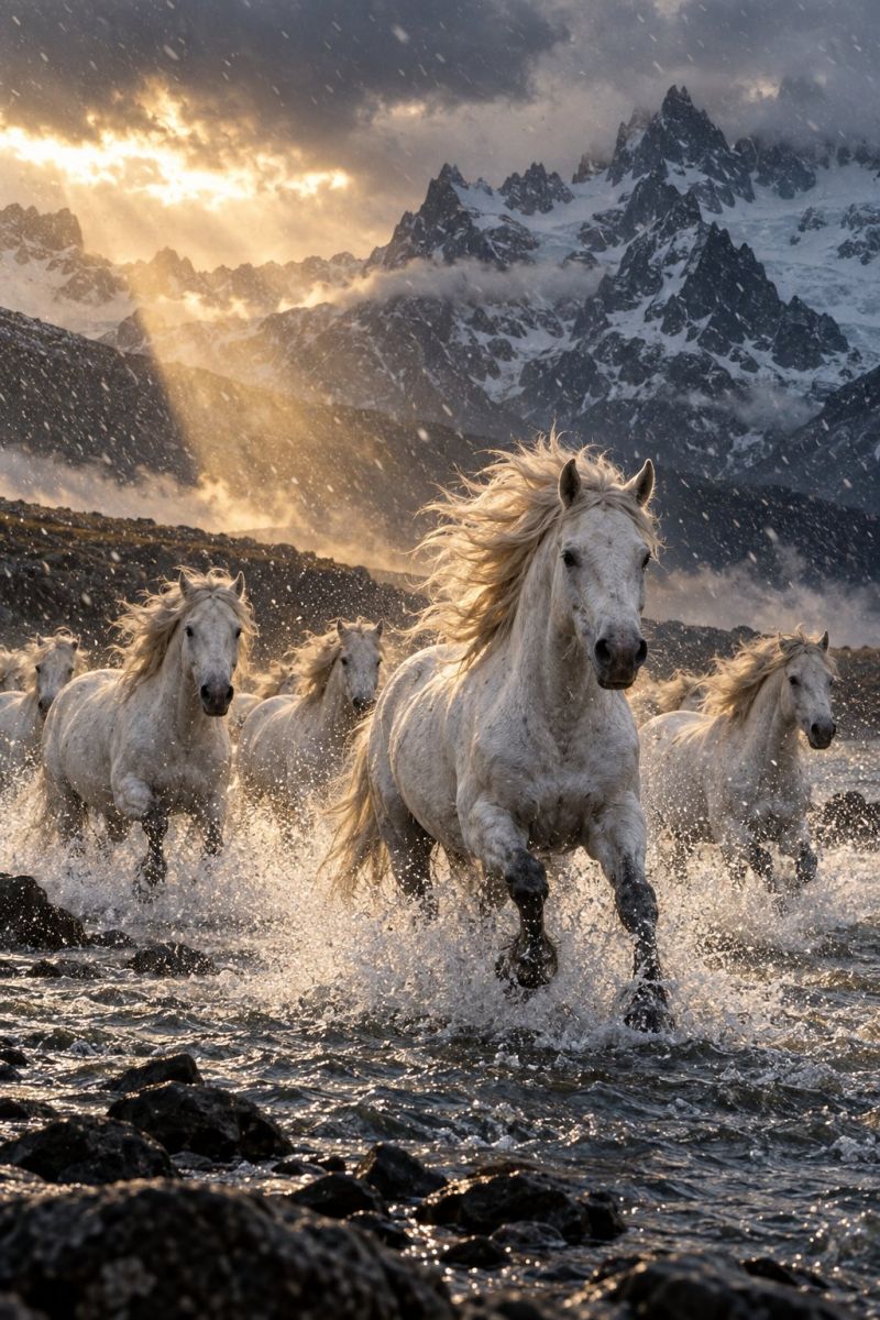 Chevaux course pied eau montagnes soleil neige faune liberte nature aventure air puissance force beaute majeste Un groupe de chevaux blancs à la crinière et à la queue fluides traverse une rivière avec des éclaboussures. Les chevaux sont alignés, celui de devant étant en tête. La rivière est entourée de rochers et possède une rive rocheuse. À l'arrière-plan, il y a une chaîne de montagnes recouverte de neige et le ciel est nuageux avec un rayon de soleil qui le traverse.