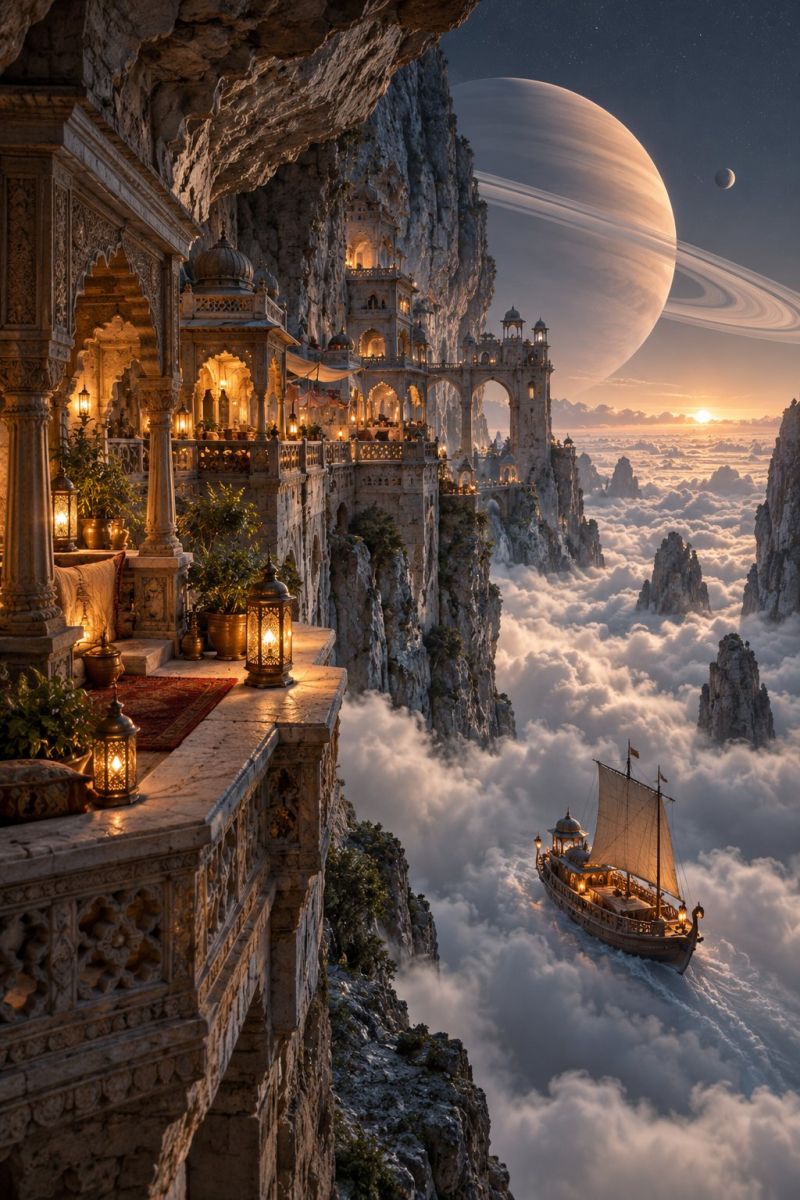 Castle fantasy architecture boat sky clouds mountain lamp night planet space moon building bridge world fantastical scene with a grand, ancient-looking castle perched on a cliff overlooking a vast, cloud-filled sky. The castle is adorned with intricate architectural details, including arches, domes, and ornate carvings. Several lanterns and lamps are lit, casting a warm glow on the stone walls and the surrounding area. The castle's balconies are decorated with potted plants and rugs, adding a touch of nature to the scene. In the foreground, a small boat with a sail is sailing through the clouds, adding a sense of adventure and exploration. In the distance, a large planet with rings is visible, along with a moon, creating a surreal and otherworldly atmosphere. The sky is a mix of orange and blue hues, suggesting either a sunset or sunrise.