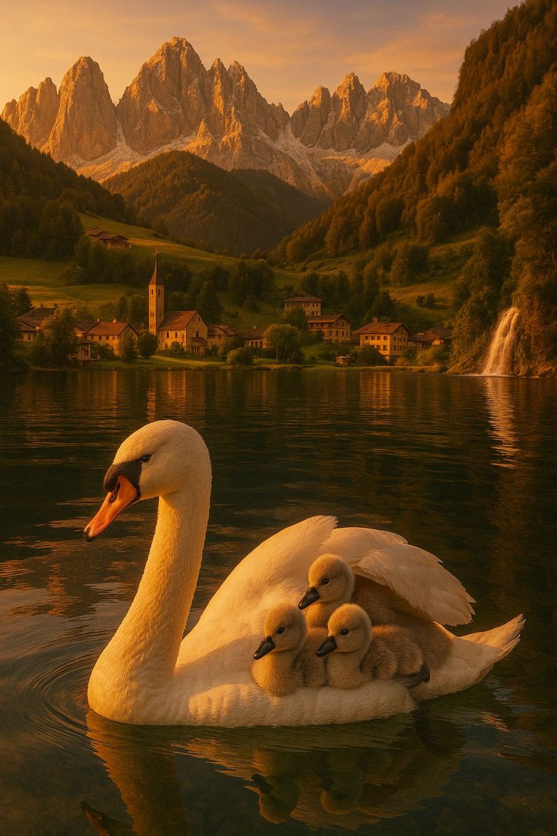 Swan cygnets lake mountains water reflection sunset nature wildlife family outdoors bird waterfowl evening sky trees buildings village a serene lake is depicted with a majestic swan at its center. The swan, with its elegant white feathers, is carrying three young cygnets on its back. The swan's head is turned to the left, and its beak is orange. The lake is calm, reflecting the golden hues of the setting sun, which also illuminates the surrounding landscape. In the background, there are picturesque mountains with a few houses nestled at the base. The sky above is a mix of warm orange and soft pink, creating a tranquil and picturesque scene.