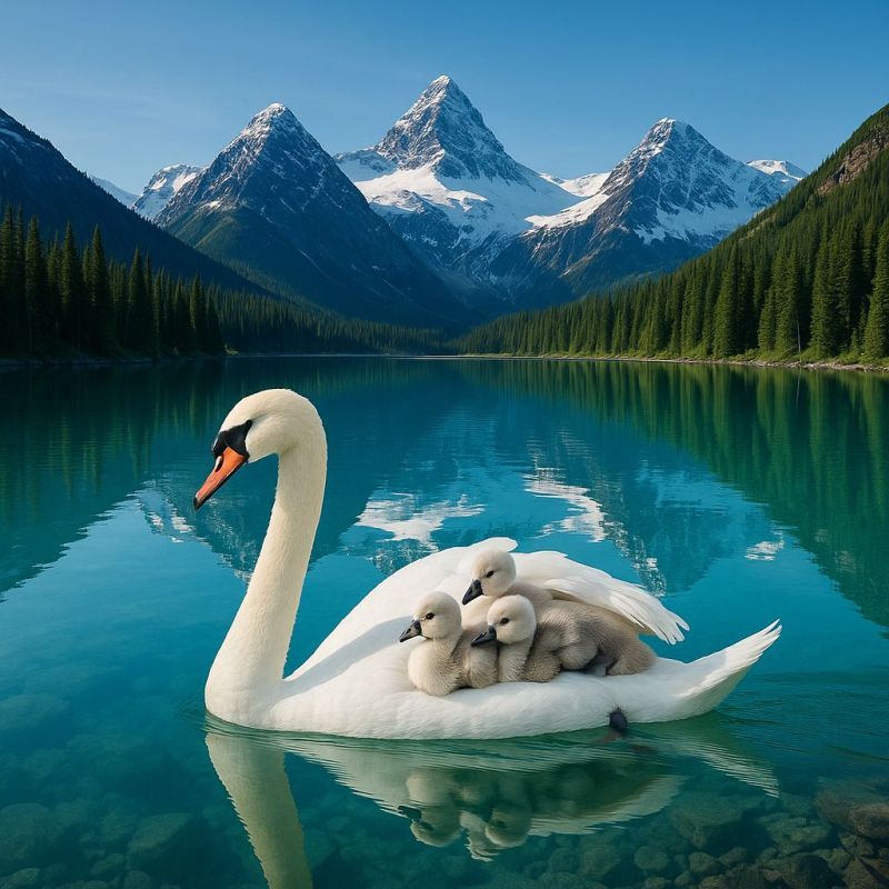 Swan lake mountains cygnets water reflection nature wildlife outdoors family birds cygnet swimming parenting habitat conservation environment ecosyste A serene lake with crystal-clear water reflects the majestic snow-capped mountains in the background. A white swan, with its elegant neck arched gracefully, is carrying three baby swans on its back. The baby swans are nestled close together, looking content and secure. The lake is surrounded by lush green trees, and the sky above is clear and blue. The reflection of the mountains and trees adds to the tranquil and picturesque scene.