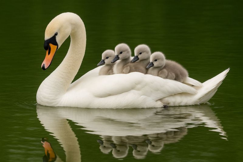 Swan cygnus waterfowl water bird A white swan with a long neck is floating on a calm, green body of water. The swan has a bright orange beak and is carrying four small gray ducklings on its back. The ducklings are huddled together, looking in different directions. The reflection of the swan and ducklings is visible on the water's surface, creating a serene and peaceful scene.