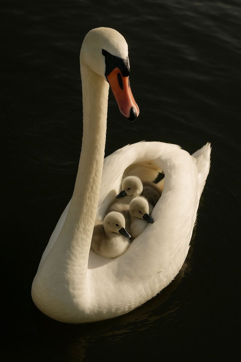 Swan cygnus water lake pond feathers beak neck swimming wildlife nature animal bird parenting baby hatchling nest protection family outdoors A white swan is floating on a calm body of water, possibly a lake. The swan has a long, graceful neck and a bright orange beak. Its head is slightly turned to the left. Inside the swan's body, there are three small, fluffy ducklings. The ducklings are huddled together, with their heads facing the swan's body. The water is dark and reflects the swan and ducklings.