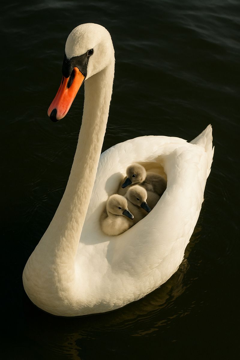 Swan cygnus water lake pond duck bird feather wildlife nature outdoors swimming animal waterfowl swim pool A white swan with an orange beak is floating on a calm body of water. The swan has three small, fluffy ducklings nestled in the curve of its body, with their heads poking out from under the swan's wings. The swan's feathers are smooth and pristine, reflecting the sunlight. The water is dark and still, creating a serene and peaceful scene.