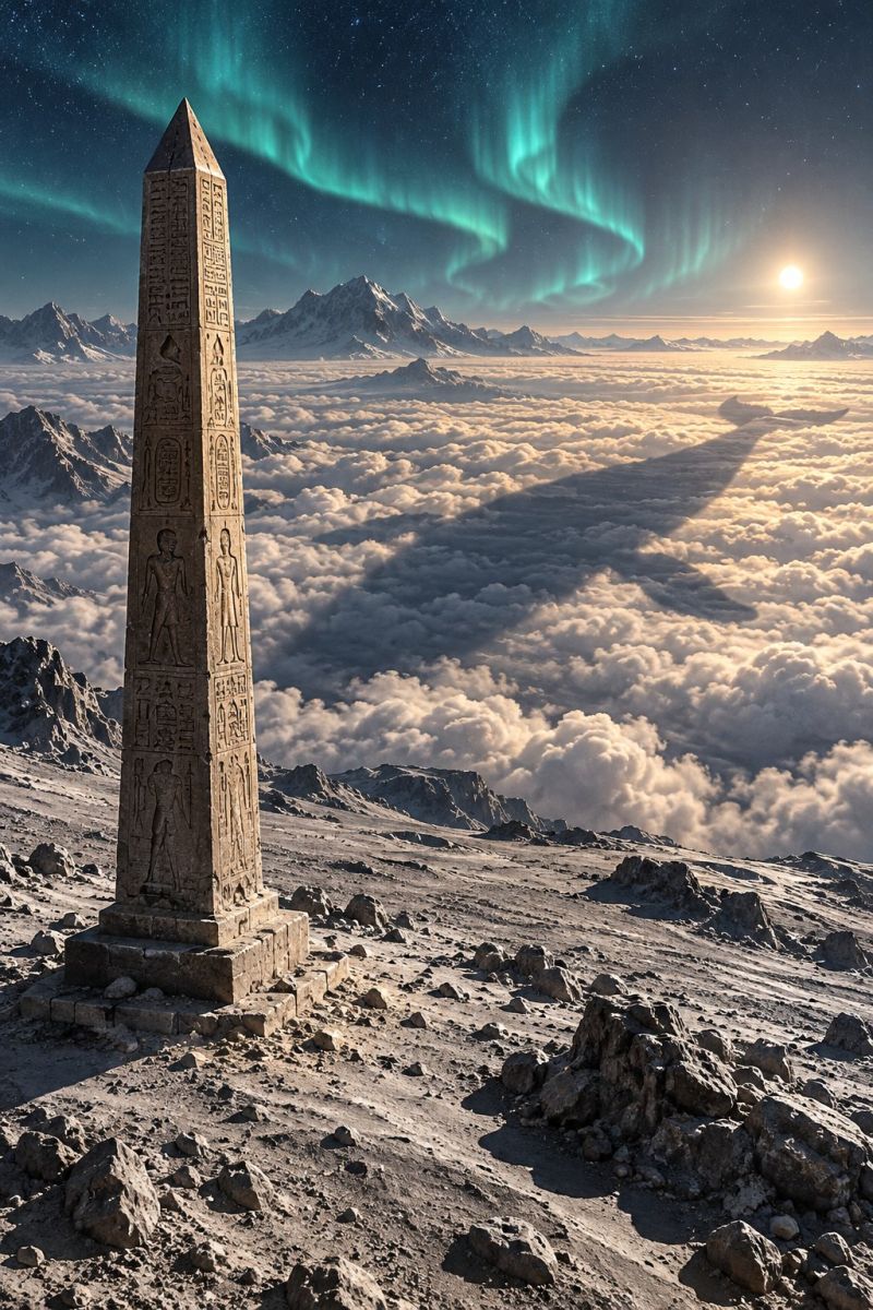 Ancient architecture astronomy atmosphere cloud clouds cosmos dark design egyptian obelisk mountains sky mountain snowy In the foreground, there is a tall, ancient stone obelisk with carvings of figures and hieroglyphics. The obelisk stands on a rocky surface, surrounded by scattered rocks and stones. The sky above is a deep blue, filled with stars and the ethereal glow of the aurora borealis, which dances across the sky in vibrant green and purple hues. The sun is setting on the horizon, casting a warm, golden light over the landscape. In the distance, there are snow-capped mountains, and the clouds below are illuminated by the sun's rays, creating a serene and mystical atmosphere.