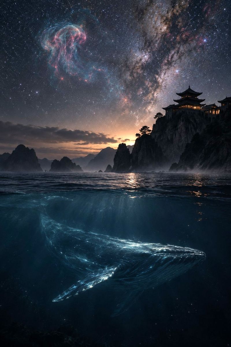 Stars galaxy clouds mountains temple ocean whale water reflection building architecture nature sunset rocks trees cloudy mist night sky serene ocean scene with a large whale swimming gracefully beneath the surface. The water is clear, allowing visibility of the whale's silhouette. Above the water, a majestic temple stands on a cliff, illuminated by the soft glow of lights. The sky is a deep blue, dotted with stars and a nebula that adds a mystical touch. The horizon is painted with the warm hues of a setting sun, creating a tranquil and awe-inspiring atmosphere.
