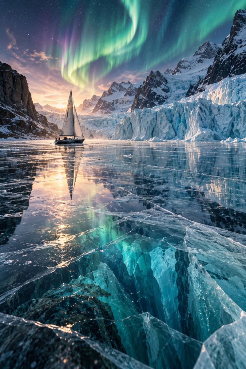 Bateau eau glace ciel reflet montagne glacier fjord fjords fjording Un voilier navigue sur un lac gelé avec un reflet du bateau et du ciel. Le lac est entouré de montagnes enneigées et d'un glacier. Le ciel est rempli d'aurores boréales, un phénomène naturel qui crée un spectacle de lumières colorées. Les lumières sont de différentes couleurs, notamment le vert, le violet et le bleu. Le ciel est sombre et les lumières sont la seule source de lumière dans la région.