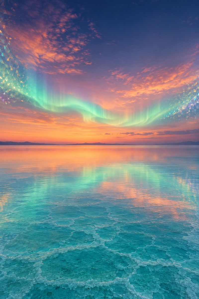 Ciel eau lac reflet coucher soleil nuage horizon aurore nature mer ocean montagne atmosphere beaute vaste étendue d'eau sereine, probablement un lac ou une mer, surmontée d'un ciel bleu clair. La surface de l'eau est calme et reflète les couleurs vives du coucher de soleil, qui comprend des teintes d'orange, de rose et de violet. Le ciel est orné d'un spectacle époustouflant d'aurores boréales, également connues sous le nom d'aurores boréales, avec des teintes vertes et violettes qui dansent dans le ciel. La surface de l'eau est parsemée de petites formations de glace de forme irrégulière, ajoutant une touche de texture et d'intérêt à la scène. L'atmosphère générale est empreinte de tranquillité et de beauté naturelle, l'interaction de la lumière et des couleurs créant un spectacle fascinant et impressionnant.
