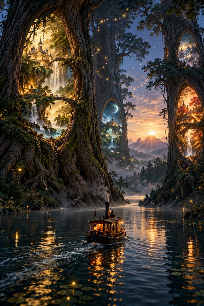 Fantasy painting watercolor water boat river bridge castle night sunset trees forest mountains sky reflection In a serene, magical landscape, a small boat glides gracefully on a calm river. The boat is illuminated by warm, inviting lights, casting a gentle glow on the water's surface. The river is flanked by towering, ancient trees with thick trunks and sprawling branches, their leaves shimmering with dew. On the left, a majestic castle perched on a cliff overlooks the river, its windows glowing with light. A waterfall cascades down from the cliff, its waters sparkling under the moonlight. The sky above is a deep blue, dotted with stars, and the horizon is painted with the soft hues of a setting sun. The scene is tranquil and enchanting, evoking a sense of wonder and adventure.