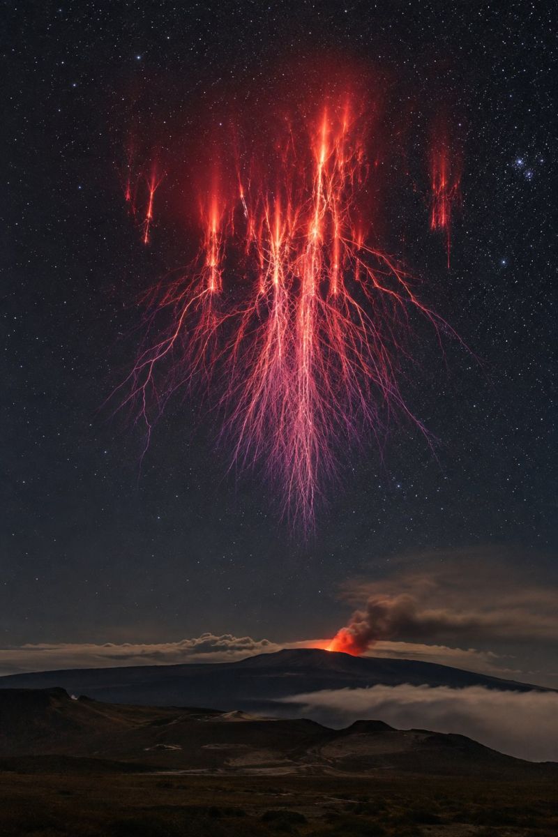 Foudre rouge dessus plateau volcanique accurate picture amazing demonstrating the mischiefs wild of human activities on la foudre rouge dessus d plateau volcanique