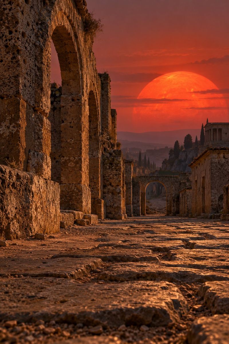 Ancien architecture arc arcade batiment ville classique grec romain temple coucher de soleil dramatique sur une ancienne ville partiellement en ruine. Le ciel est d'un orange profond et ardent, avec le soleil apparaissant grand et plein, projetant une chaleur douce sur la scène. Le premier plan présente une rue pavée bordée de vestiges de vieux bâtiments en pierre, certains avec des arches et des colonnes. Les ruines sont usées et couvertes de mousse, suggérant une longue histoire. Au loin, d'autres ruines et une chaîne de montagnes sont visibles, avec le soleil couchant projetant de longues ombres et mettant en valeur les textures de la pierre. L'atmosphère générale est sereine et nostalgique, avec la lumière du soleil créant une teinte dorée à travers la scène.