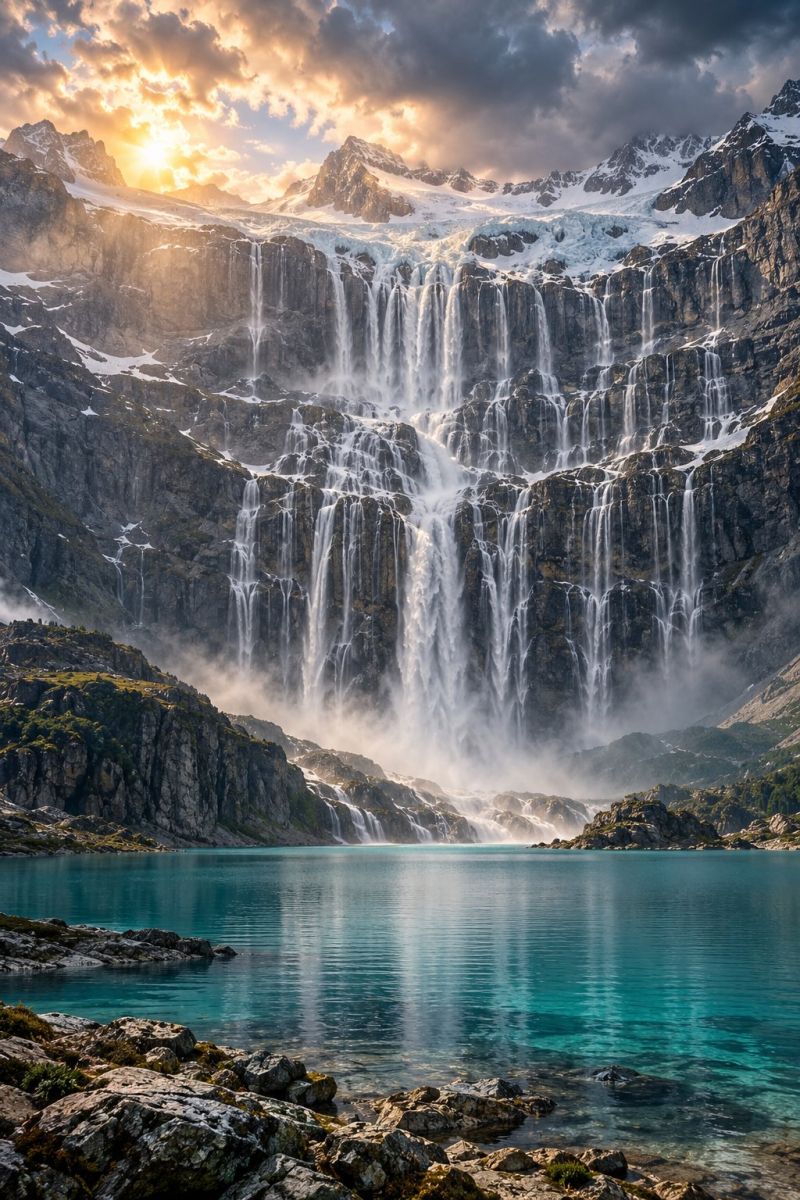 Montagne cascade lac eau ciel soleil nuages roche nature neige glacier reflet brume rochers aire repartition Un paysage époustouflant comprend une grande cascade dévalant une paroi rocheuse, avec des sommets enneigés en arrière-plan. La cascade est composée de plusieurs ruisseaux, créant une scène spectaculaire et puissante. L'eau est d'une couleur turquoise éclatante, reflétant la lumière du soleil et créant un effet chatoyant. Les environs regorgent de verdure et le ciel est un mélange de soleil éclatant et de nuages sombres, ce qui ajoute à l'atmosphère spectaculaire. L'eau en contrebas de la cascade est calme et claire, avec des rochers et des plantes visibles le long du rivage.