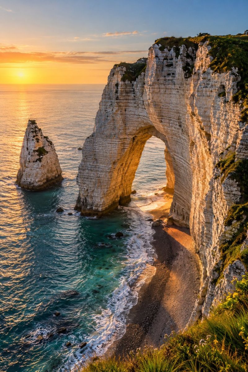 Cliff rock ocean sunset beach water sky sun sea nature arch coast shore hill grass mountain formation The image captures a stunning coastal scene at sunset. A large, natural rock formation with a distinctive arch-like structure stands prominently on the right side of the image. The arch is made of weathered limestone, with a smooth, golden hue from the setting sun. To the left of the arch, a smaller rock formation juts out into the sea. The sea is calm, with gentle waves lapping against the shore. The sky is a mix of warm orange and soft pink hues, indicating the sun is setting. The foreground features a sandy beach with patches of green grass and small plants. The overall scene is serene and picturesque, with the natural beauty of the coastline highlighted by the warm, golden light of the sunset.