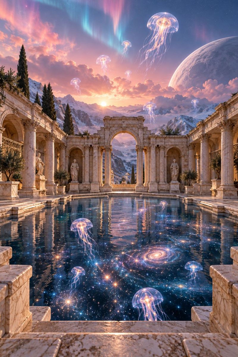 Pool water architecture building sky cloud jellyfish fantasy reflection night star universe galaxy mountain tree statue plant marble serene and fantastical scene featuring a large, ornate pool of water surrounded by a grand, classical architectural structure. The pool is filled with glowing jellyfish, their translucent bodies illuminated by the stars and galaxies reflected in the water. The sky above is a blend of warm sunset hues and cool, ethereal colors, with auroras dancing across it. In the background, majestic mountains are silhouetted against the sky, and a large planet or moon is visible, adding to the otherworldly atmosphere. The architectural structure is adorned with statues and columns, and the entire scene is bathed in a soft, magical light.