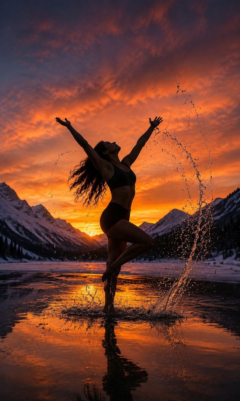 Coucher soleil eau montagne lac ciel nuages chute reflexion nature beaute liberte Une femme se tient dans un plan d'eau, probablement un lac, les bras écartés et les jambes écartées, créant une pose gracieuse et dynamique. Elle porte un débardeur de sport noir et un short noir, et ses longs cheveux flottent librement. L'eau autour d'elle éclabousse, ajoutant un sentiment de mouvement à la scène. L'arrière-plan présente un magnifique coucher de soleil avec des teintes chaudes orange et roses, et au loin, il y a de majestueuses montagnes couvertes de neige, créant un paysage à couper le souffle et serein.