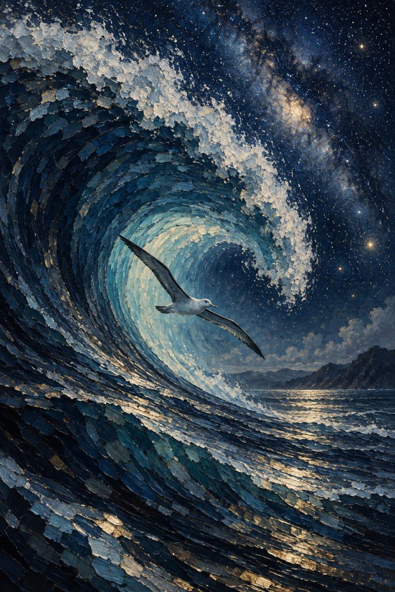 Vague ocean mer eau ciel nuit etoiles galaxie espace univers reflexion texture mosaique design une grosse vague puissante s'écrasant contre le rivage, surmontée d'une mouette. La vague est composée de nombreux petits morceaux de tissu denim de forme irrégulière, ce qui lui confère un aspect texturé et robuste. Le ciel au-dessus est sombre et nuageux, avec quelques étoiles visibles. La mouette vole vers le rivage, les ailes largement déployées. La vague s'écrase contre les rochers, créant une scène dramatique et puissante. L'ambiance générale de l'image est empreinte de force et de résilience, la vague et la mouette représentant la puissance de la nature et la beauté de l'océan.