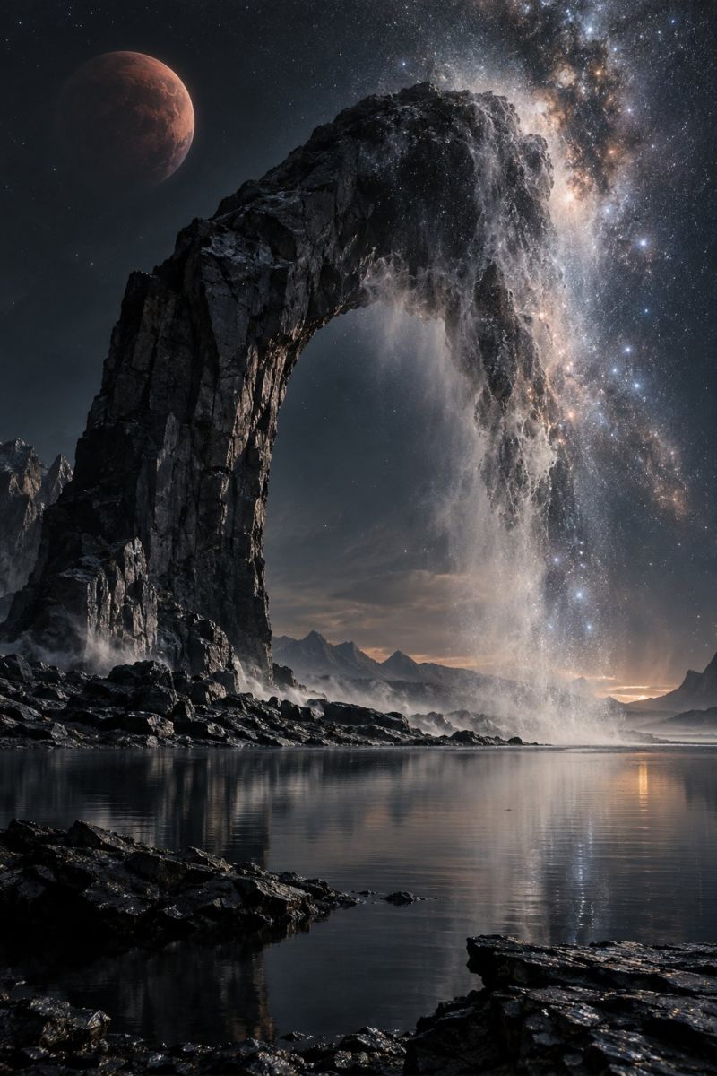 Cascade lac montagnes etoiles lune planete eau reflet roches formation nuit ciel Une scène dramatique met en scène une grande formation rocheuse ressemblant à une arche, avec de l'eau en cascade depuis son sommet. L'eau s'écoule dans un plan d'eau sombre et calme, peut-être un lac ou une mer. Le ciel au-dessus est sombre et rempli d'étoiles, dont une brillante galaxie de la Voie lactée. Dans le coin supérieur gauche, une grande planète rougeâtre est visible, ce qui ajoute à l'atmosphère surréaliste. La scène se déroule sur fond de montagnes lointaines, créant un sentiment d'immensité et d'émerveillement.