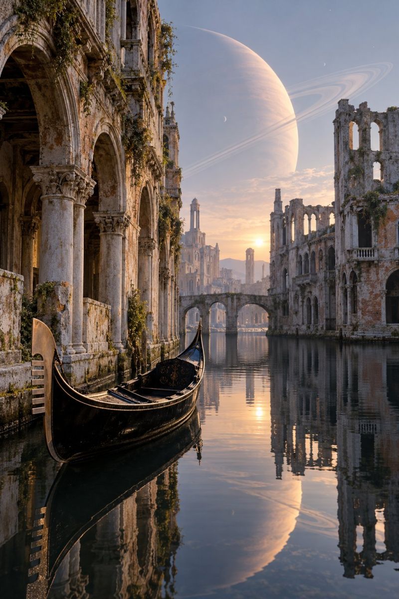 Architecture pont batiment canal ville classique ruines temple scène sereine avec une gondole amarrée sur le côté d'un canal. La gondole est noire avec une pagaie dorée à l'avant. Le canal est calme, reflétant les structures environnantes et le ciel. Sur le côté gauche, il y a un grand bâtiment ancien avec des fenêtres cintrées et des colonnes, envahi par des plantes vertes. Le bâtiment semble être en état de délabrement. Sur le côté droit, il y a un autre bâtiment ancien avec des caractéristiques architecturales similaires, également envahi par des plantes. Au fond, il y a un pont reliant les deux bâtiments. Le ciel est clair avec une grande planète brillante visible, possiblement Saturne, avec ses anneaux. Le soleil se couche, projetant une lueur chaude sur la scène.