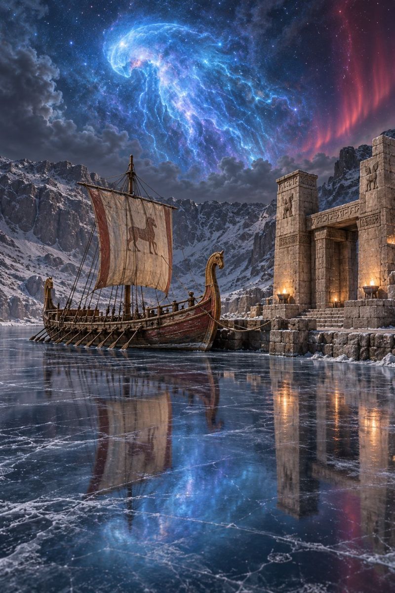 Boat ship water ice reflection night sky clouds mountains building architecture lamp fire stairs stone wall sail rope ropes An ancient Viking ship is docked on a frozen lake, its sail adorned with a horse design. The ship is tied to a stone pier with a grand, weathered stone structure featuring carvings and lit torches. The sky above is a dramatic mix of blue and red hues, with clouds and a large, glowing nebula. In the background, snow-capped mountains rise majestically, creating a serene and mystical atmosphere.