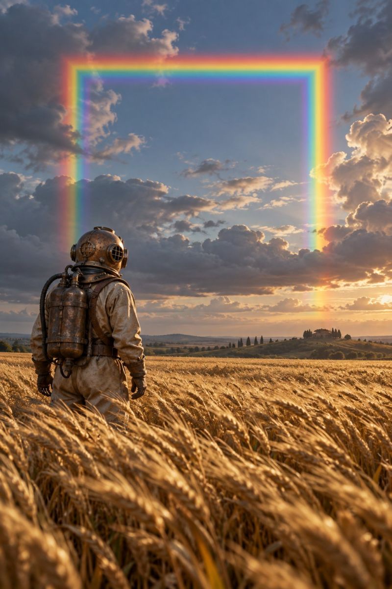 Astronaute arc ciel carre image picture photograph In a vast golden wheat field, a person dressed in a vintage diving suit stands facing away from the camera. The suit is old and weathered, with a large oxygen tank strapped to their back. The person's helmet has a glass visor, and they are wearing gloves. The sky above is a mix of blue and clouds, with a striking rainbow-like arch that forms a square shape. The rainbow is vibrant and multicolored, with hues of red, orange, yellow, green, blue, indigo, and violet. The sun is setting, casting a warm glow over the field and the distant hills.