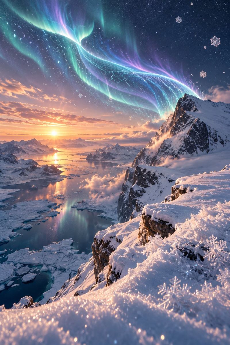 Snow mountain sky cloud water ice aurora sunset reflection night star sea rock winter frost frosty snowy breathtaking winter landscape with a snowy mountain range under a vibrant night sky. The sky is filled with the Aurora Borealis, a natural phenomenon that creates a mesmerizing display of green, purple, and pink lights. Snowflakes float gently through the air, adding to the magical atmosphere. The sun is setting on the horizon, casting a warm, golden glow over the snowy mountains and the icy waters below. The water reflects the colors of the sky and the lights of the Aurora Borealis, creating a stunning visual effect. The mountains are covered in snow, and some parts of them are illuminated by the setting sun, adding depth and contrast to the scene.