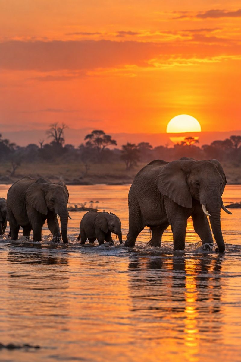 Elephants famille soleil couchant image photographie magnifique prise précise montrant les méfaits sauvage des activités humaines sur la biodiversité sur la elephants famille soleil couchant