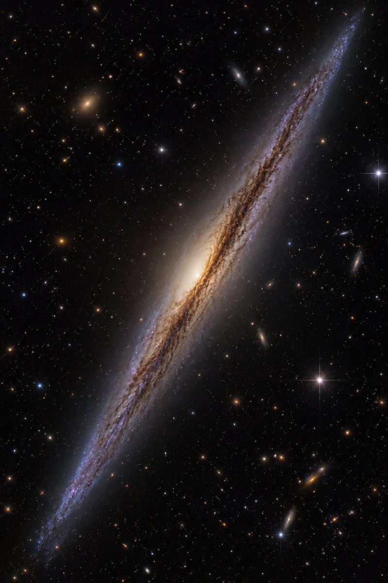 Space galaxy astronomy universe star cosmic celestial cosmology astrophysics nebula astrophotography night sky outer starry deep exploration L'image montre une galaxie spirale dotée d'un noyau brillant et allongé et de bras tourbillonnants remplis d'étoiles et de nébuleuses. La galaxie est située sur un fond sombre parsemé d'étoiles, et de nombreuses autres galaxies et étoiles sont éparpillées sur toute la scène. Les bras de la galaxie sont ornés de couleurs éclatantes, notamment des nuances de bleu, de violet et de jaune, indiquant la présence de jeunes étoiles chaudes et de gaz interstellaire. Le coeur de la galaxie est particulièrement brillant, avec un bulbe central qui semble être la source de la lumière de la galaxie. La composition globale est dynamique et visuellement saisissante, avec une sensation de profondeur et de mouvement transmise par les bras tourbillonnants et les étoiles éparses