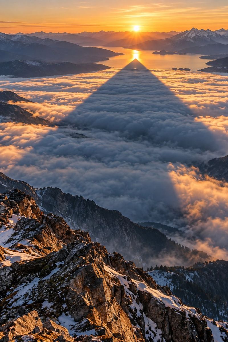 Mountain sky cloud sunset horizon sun shadow reflection water lake sea rock snow hill valley forest tree range The image captures a breathtaking sunset over a mountainous landscape. The sun is setting on the horizon, casting a warm, golden light across the scene. The sky is a mix of deep oranges and soft pinks, with wispy clouds catching the sunlight. Below, a vast expanse of clouds blankets the valley, with the sun's rays piercing through, creating a dramatic shadow that stretches across the clouds. The mountains are rugged and majestic, with some peaks capped in snow. In the distance, a serene lake reflects the colors of the sunset, adding to the tranquil beauty of the scene.