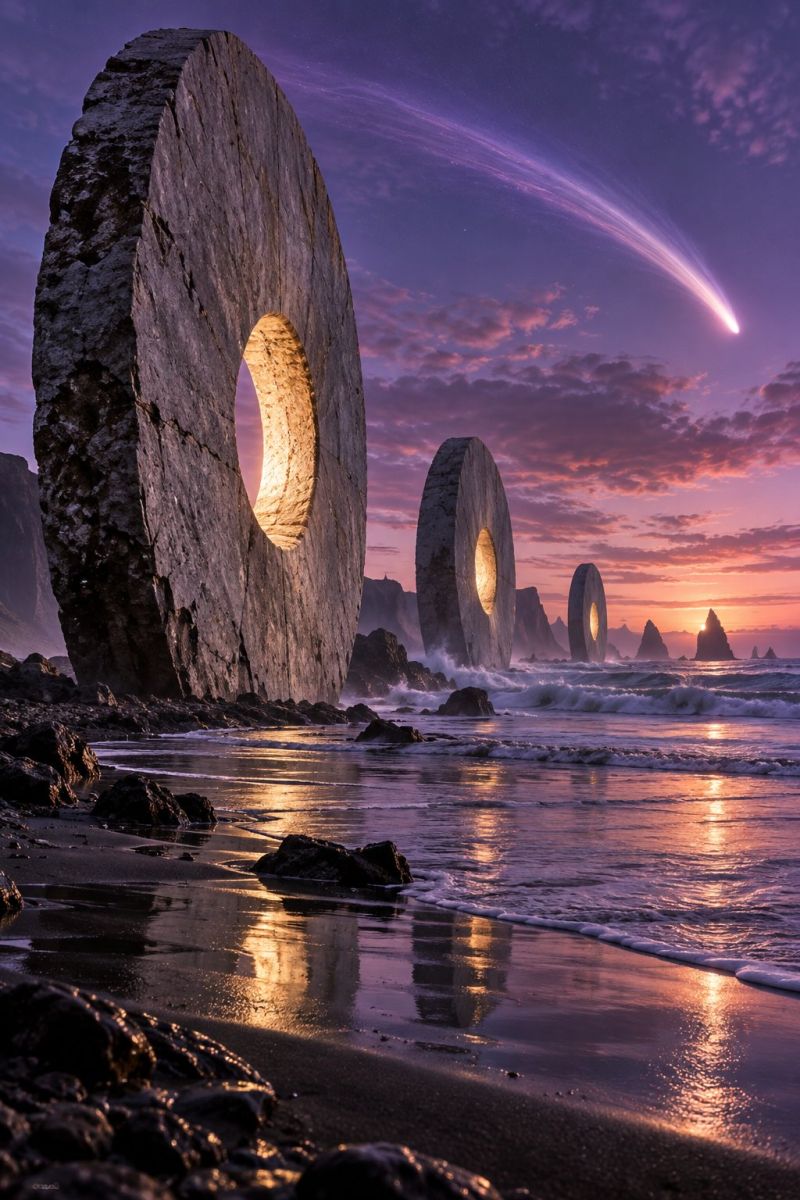 Plage rocher mer ciel coucher soleil eau vagues comete nuages horizon reflet rochers rivage pierres lever crepuscule Sur une plage, il y a quatre grandes structures circulaires en pierre percées de trous au centre, dressées sur fond de coucher de soleil. Le ciel est d'un violet foncé, passant à l'orange près de l'horizon, traversé par une comète. L'eau est calme, reflétant les couleurs du ciel et des structures. La plage est rocheuse, parsemée de rochers et de galets. La scène est sereine et majestueuse, l'interaction d'éléments naturels créant un visuel saisissant.