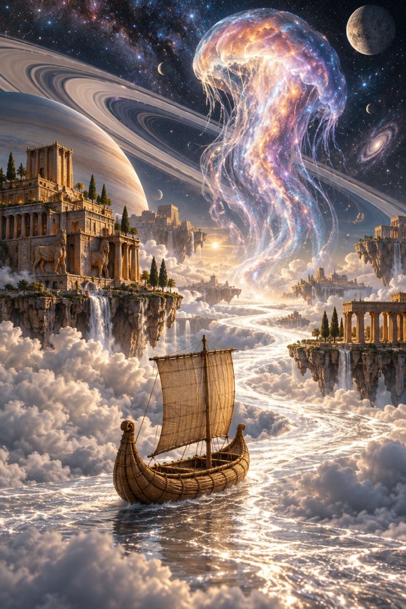 Boat cloud clouds cosmos fantasy fictional galaxy heaven imagination island journey moon mountain ocean planet sail sailing space universe In the foreground, a small boat with a sail is sailing on a river of clouds. The boat is made of woven materials and has a pointed bow. The river of clouds flows through a landscape filled with floating islands, each adorned with ancient stone structures and trees. One island features a grand temple with statues of lions at its entrance. In the background, a massive jellyfish-like creature floats gracefully, its tentacles illuminated by a soft, ethereal light. The sky is a deep, starry expanse with planets, moons, and a spiral galaxy visible. The scene is bathed in a warm, golden light, creating a surreal and fantastical atmosphere.