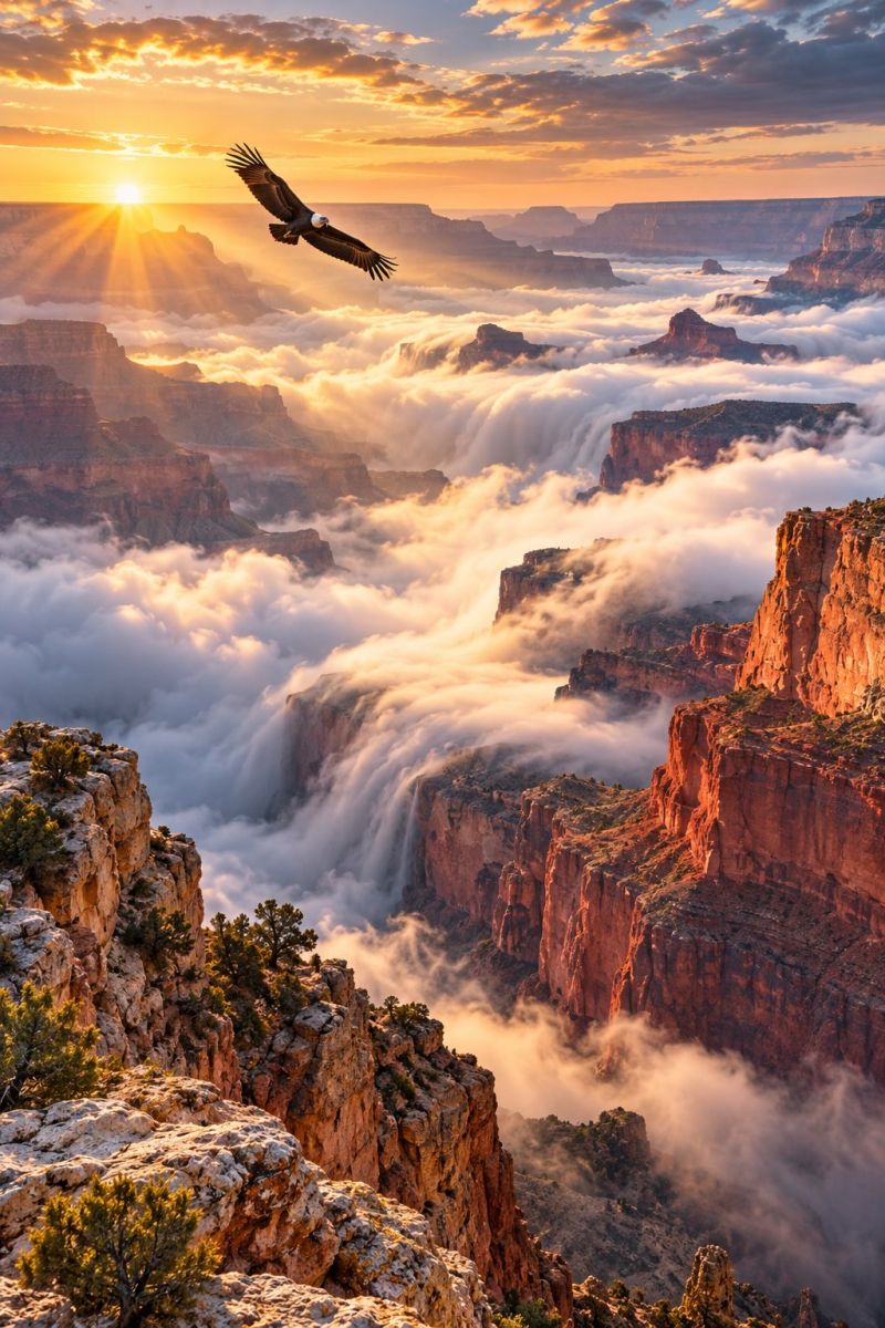 Aigle lever soleil nuages montagnes nature faune air ciel vallee falaises coucher horizon oiseau vol aventure voyage grand canyon rocher formations Un aigle majestueux plane gracieusement dans le ciel au-dessus du Grand Canyon, ses ailes déployées sur fond de soleil couchant. Les rayons du soleil traversent les nuages et projettent une lueur chaude et dorée sur les falaises abruptes et stratifiées du canyon situé en contrebas. Les nuages sont bas, créant un voile mystique qui masque partiellement la vaste étendue du canyon. La scène est un mélange époustouflant de beauté naturelle et de puissance du vol, l'aigle symbolisant la liberté et la grandeur du paysage.