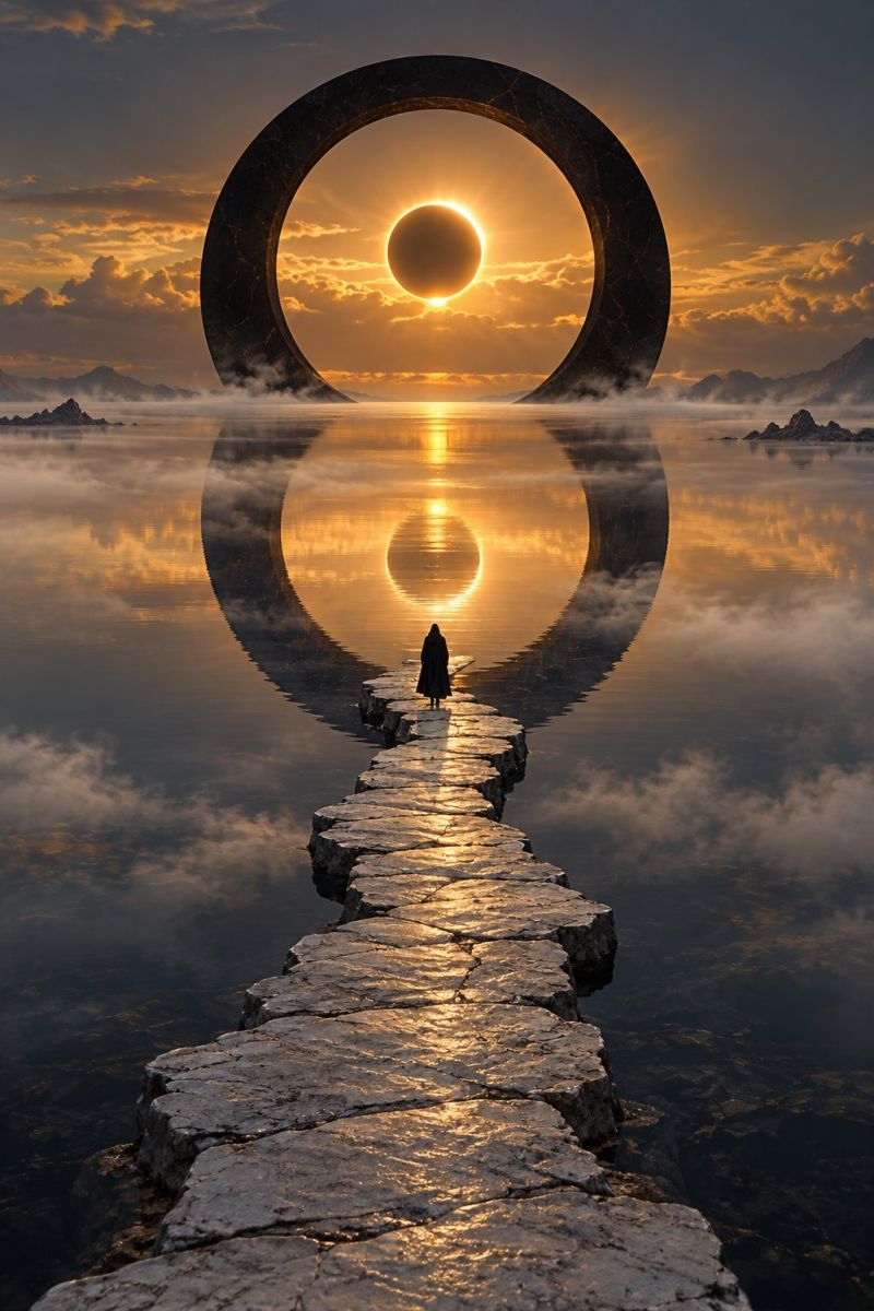 Coucher soleil reflexion eau ciel nuages horizon obscurite pierre chemin nature air voyages Une personne se tient debout sur un chemin de pierre menant à un vaste plan d'eau réfléchissant. Le chemin est illuminé par le soleil couchant, projetant une lumière chaude et dorée sur les pierres. À l'arrière-plan, une grande structure circulaire en pierre encadre le soleil couchant, créant une silhouette spectaculaire. Le soleil semble partiellement éclipsé, sa lumière filtrant à travers les nuages, projetant une lueur sereine sur la scène. L'eau reflète le ciel, les nuages et la structure circulaire, créant un effet miroir. Les montagnes sont à peine visibles au loin, ce qui contribue à l'atmosphère paisible et expansive.