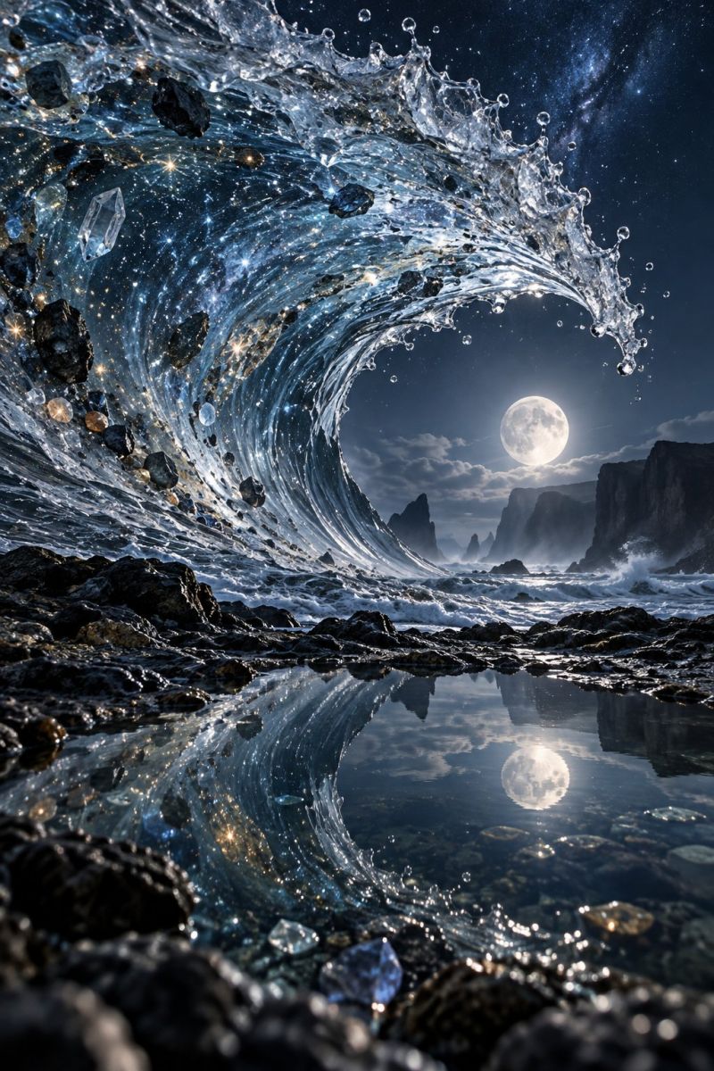Ocean eau vague lune nuit reflet rocher mer ciel eclaboussures embruns soleil surf planche maree marees cascade vagues Une grosse vague s'écrase sur le rivage, avec des éclaboussures d'eau qui créent un magnifique motif. L'eau est claire et reflète la lune, qui brille de mille feux dans le ciel nocturne. Les rochers du rivage sont sombres et ont une texture rugueuse. Le ciel est bleu foncé et des étoiles sont visibles. La lune est pleine et brillante, et elle se reflète sur l'eau. L'eau est calme et il n'y a pas de vagues.
