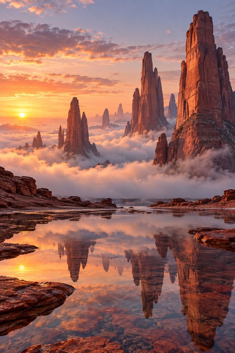 Roche formation rocheuse falaise rivage surface terrain mur flanc sommet bord paysage désertique époustouflant au coucher du soleil. Au premier plan, un plan d'eau serein reflète le ciel et les formations rocheuses environnantes. L'eau est calme, avec des ondulations qui s'étendent doucement depuis le centre. Le reflet des formations rocheuses et du ciel crée un effet miroir qui ajoute de la profondeur à la scène. Les formations rocheuses sont dentelées et pointues, avec une couleur brun rougeâtre qui contraste magnifiquement avec les teintes orange et rose du coucher de soleil. Le ciel est un mélange de couleurs chaudes, le soleil se couchant à l'horizon, projetant une lueur dorée sur l'ensemble de la scène. Les nuages du ciel sont illuminés par le soleil couchant, ajoutant une touche de douceur à la composition générale. Le paysage est vaste et ouvert, sans aucun signe de présence humaine, ce qui crée un sentiment de tranquillité et de solitude.