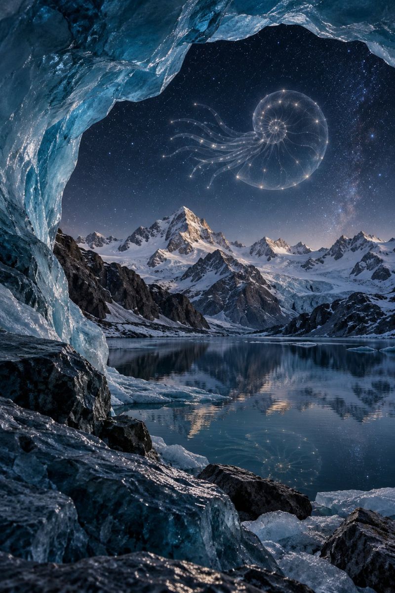 Ice mountain water night sky reflection lake rock glacier snow iceberg sea iceland icelandic surreal scene with a large ice cave entrance leading to a breathtaking view. Inside the cave, the walls are made of translucent blue ice, creating a glowing effect. The entrance is framed by jagged rocks and ice formations. Outside the cave, a vast, serene lake reflects the snowy mountain range and the night sky. The mountains are covered in snow, with peaks reaching high into the sky. The night sky is filled with stars, and a glowing jellyfish-like creature floats gracefully in the air, adding a magical touch to the scene.