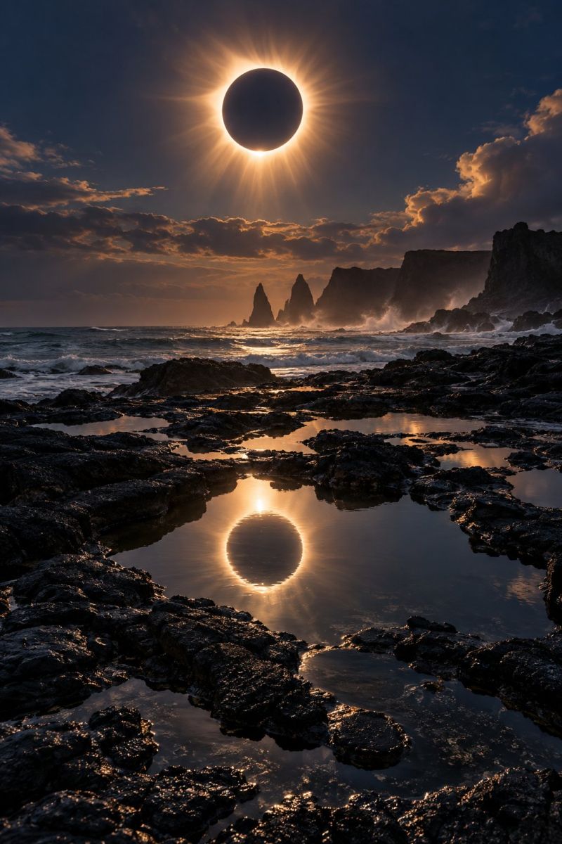 Soleil eclipse ciel ocean rochers eau reflet coucher nature plage mer nuages montagnes horizon vagues rivage maree bassin L'image capture un coucher de soleil à couper le souffle sur un paysage côtier accidenté. Le soleil est partiellement éclipsé, créant un anneau de lumière spectaculaire autour d'une silhouette sombre. Le ciel est d'un bleu profond, avec des nuages épars qui captent les teintes chaudes du soleil couchant. L'horizon est bordé de falaises découpées et d'affleurements rocheux, dont certains se reflètent dans les flaques d'eau peu profondes laissées par la marée descendante. L'eau est calme, avec de légères ondulations captant la lumière du soleil, créant un effet miroir qui reflète la lueur du soleil. La scène d'ensemble est baignée d'une lumière dorée, projetant de longues ombres et mettant en valeur les textures des rochers et de l'eau.