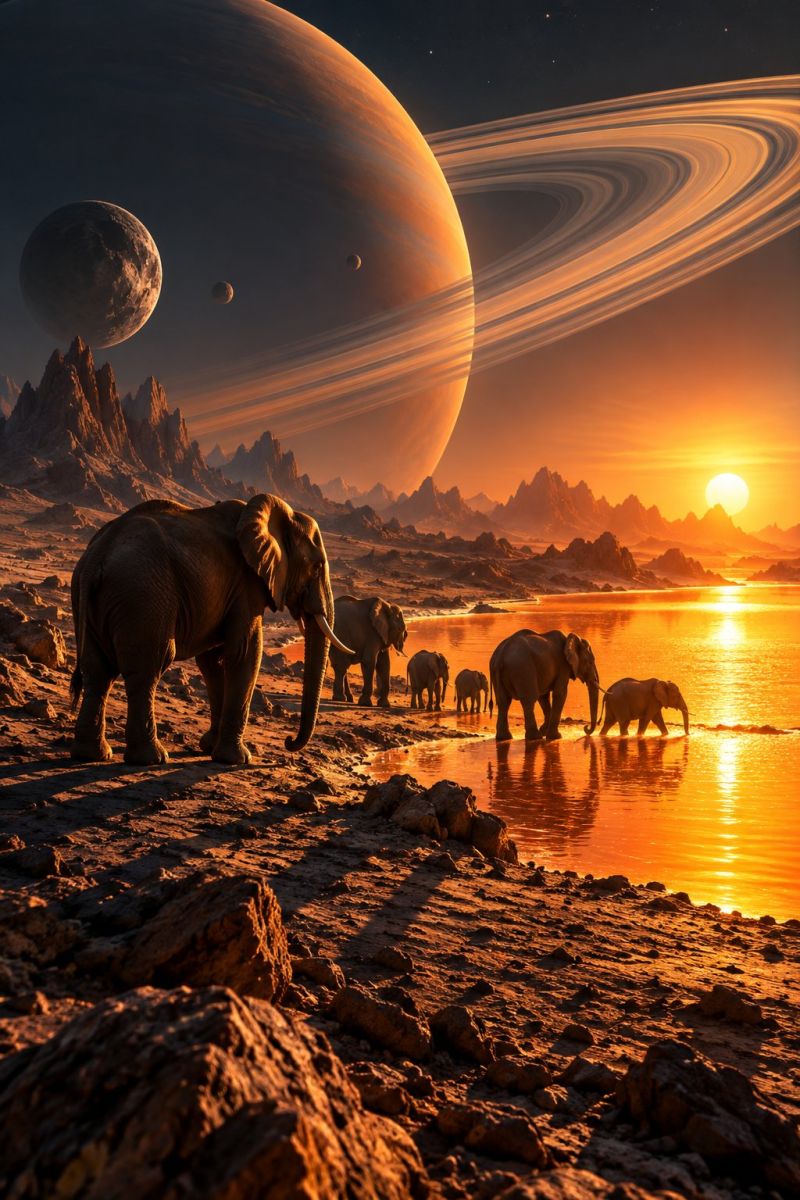Elephant water sunset wildlife nature planet space rock mountain sky sun rocks hill hills rocky shore shoreline In a serene scene, a herd of elephants is gathered near a tranquil body of water under a vibrant sunset sky. The elephants, including a large adult and several smaller ones, are standing in the shallow water, their reflections shimmering on the surface. The back features a large, glowing planet with rings, accompanied by smaller moons and celestial bodies. The sky is painted with hues of orange and pink, creating a warm and magical atmosphere. Rocky terrain and distant mountains add to the picturesque setting.