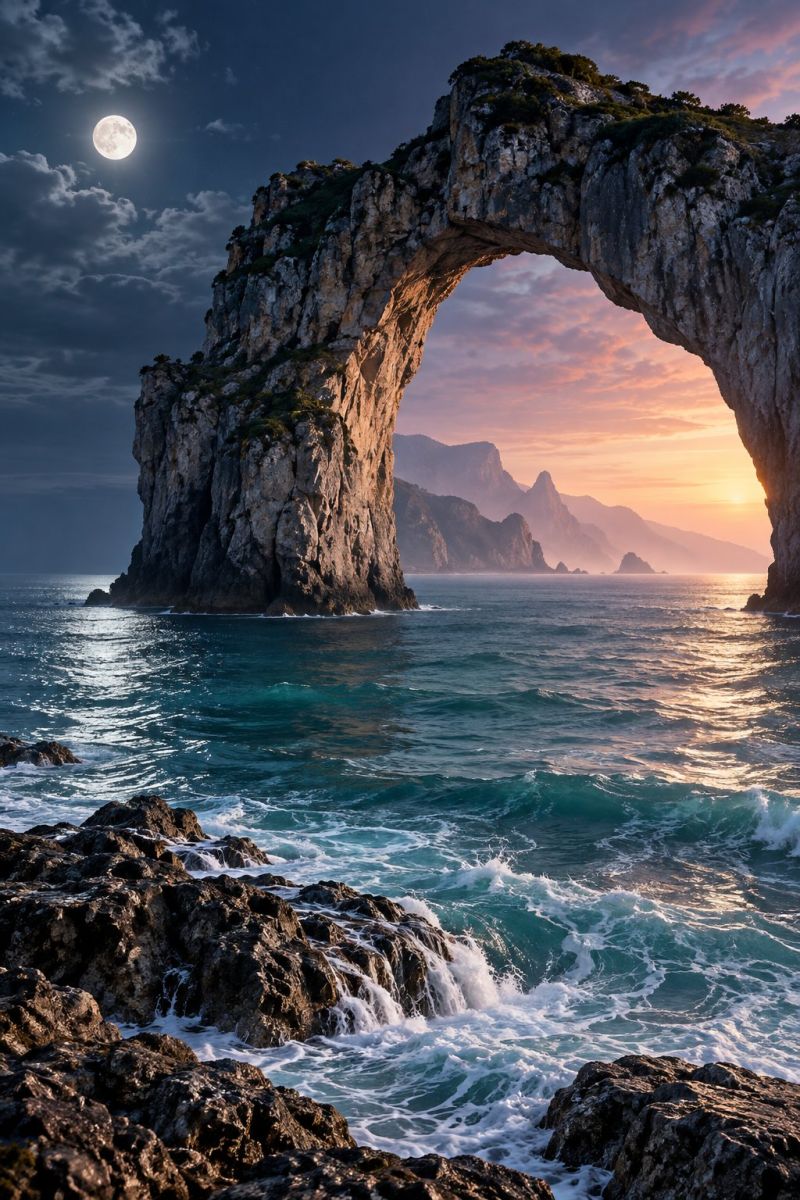 Falaise ocean coucher soleil lune ciel eau vagues montagnes ile plage nature mer rocher arche nuages horizon formation Une scène côtière spectaculaire met en scène une grande formation rocheuse avec une arche naturelle, à travers laquelle le soleil couchant projette une lueur chaude. L'arche est située sur une falaise abrupte surplombant l'océan. La mer est calme avec de douces vagues qui clapotent contre les rochers au pied de la falaise. Au loin, une silhouette de montagnes est visible dans le ciel, qui passe du bleu profond aux nuances d'orange et de rose près de l'horizon. La pleine lune apparaît bien en évidence dans le ciel, ce qui contribue à l'atmosphère sereine et pittoresque.