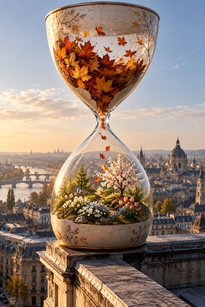 Hourglass nature autumn fall leaves flowers plants trees cityscape architecture buildings bridge river sky clouds sunlight reflection imagination An hourglass filled with autumn leaves and flowers stands on a rooftop with a cityscape backdrop. The hourglass is transparent, showing a mix of orange and yellow leaves in the upper part and a variety of flowers, including pink and white ones, in the lower part. The cityscape features numerous buildings, some with dome-shaped roofs, and a bridge over a river. The sky is blue with some clouds, and the sun is setting, casting a warm glow over the scene.