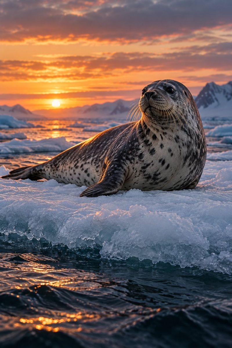 Phoque faune ocean glace coucher soleil nature animal mer polaire eau iceberg montagne ciel nuage reflet conservation sanctuaire Un phoque repose sur une banquise flottante dans l'océan, la tête tournée vers la droite et les yeux fermés. Le corps du phoque est brun grisâtre avec des taches noires. Le soleil se couche en arrière-plan, projetant une lueur chaude sur la glace et l'eau. Le ciel est rempli de nuages et il y a des montagnes au loin. L'eau est calme et la banquise se balance doucement.