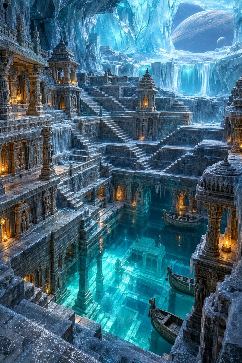 Architecture blue building cave city cold concept design fantasy fictional forest frozen glow glowing ice imaginary lake place world vast, intricately designed underground structure resembling a temple. The temple is carved into the walls of a large cave, with multiple levels of stone steps leading down to a central pool of water. The water is a deep blue color and reflects the surrounding architecture. The temple walls are adorned with detailed carvings and statues, and there are small lamps placed at intervals along the steps and walls, casting a warm glow. In the center of the pool, there are three small boats, each with a figure sitting in it. The cave ceiling is high and arched, with a large opening at the top that reveals a night sky with a planet and a moon visible.