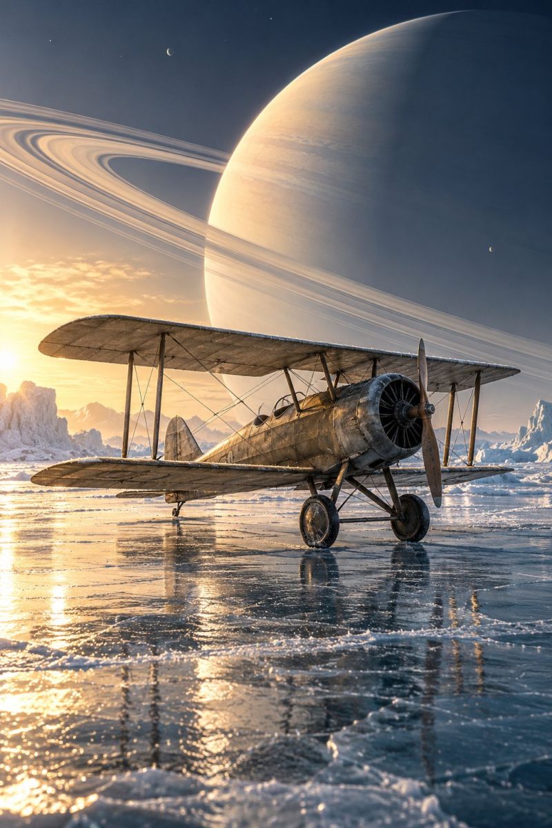 Sky space ice water sun cloud mountain reflection wheel propeller wing snow rock sunrise sunset painting An old biplane is parked on a frozen lake, with its shadow reflected on the ice. The plane has a propeller in front and a tail wing. Behind the plane, there is a large planet with rings, possibly Saturn, and a moon in the distance. The sky is blue with some clouds, and the sun is setting, casting a warm glow on the scene. In the background, there are snowy mountains.