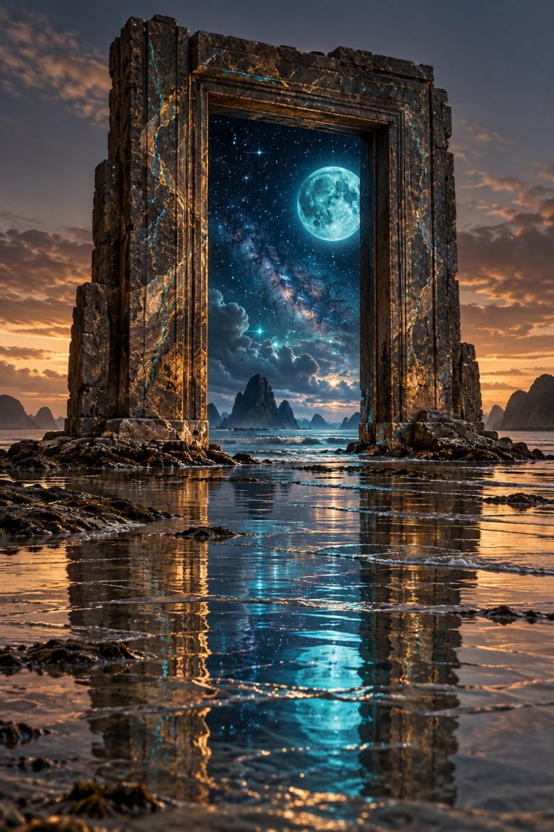 Architecture beach building cloud clouds coast day door doorway dream dreams fantasy fictional galaxy imagination moon night ocean reflection rock large, weathered stone archway standing on a rocky shore, with the ocean in the foreground. The archway is made of dark, rugged stones and has a weathered appearance. The arch is open, revealing a night sky filled with stars and a bright, full moon. The moon's light illuminates the scene, casting a soft glow on the water and the rocks. The water is calm and reflects the sky and the arch, creating a mirror-like effect. In the distance, there are silhouettes of mountains against the horizon, adding to the serene and mystical atmosphere of the image.